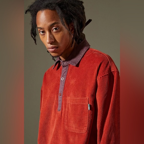 Urban Outfitters Men's Large Teracotta Corduroy Popover Collared Shirt Orange - Picture 2 of 16